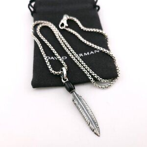 David Yurman Sterling Silver Southwest Black Onyx Feather Pendant 20" Inch Chain